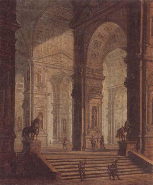 unknow artist The interior of a classical building,with soldiers guarding the entrance at the base of a set of steps oil painting image